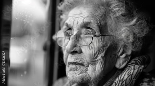 100 year old woman remembering the past, while looking far into the distance. photo