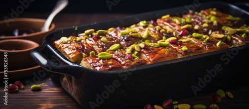 A casserole dish filled with a Middle Eastern-inspired baklava mixture of peanuts and pistachios, creating a festive and flavorful holiday or Ramadan treat. photo