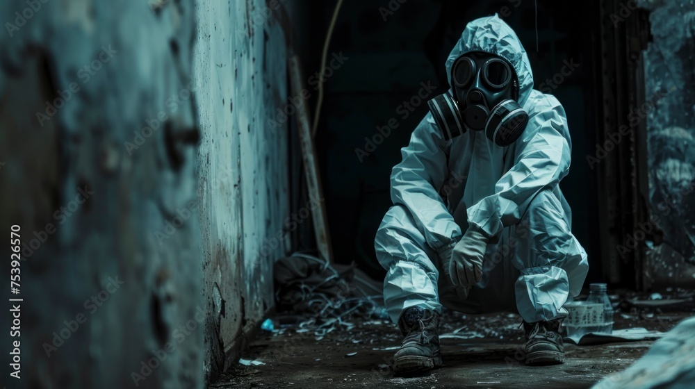 person with a radiation suit in an abandoned bunker-style site with radiation in high resolution and high quality