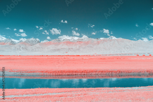 Infrared Photo Of Serene River Flowing Through Mountainous Landscape photo