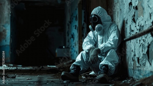 person with a radiation suit in an abandoned bunker-style site with radiation in high resolution and high quality. radiation concept