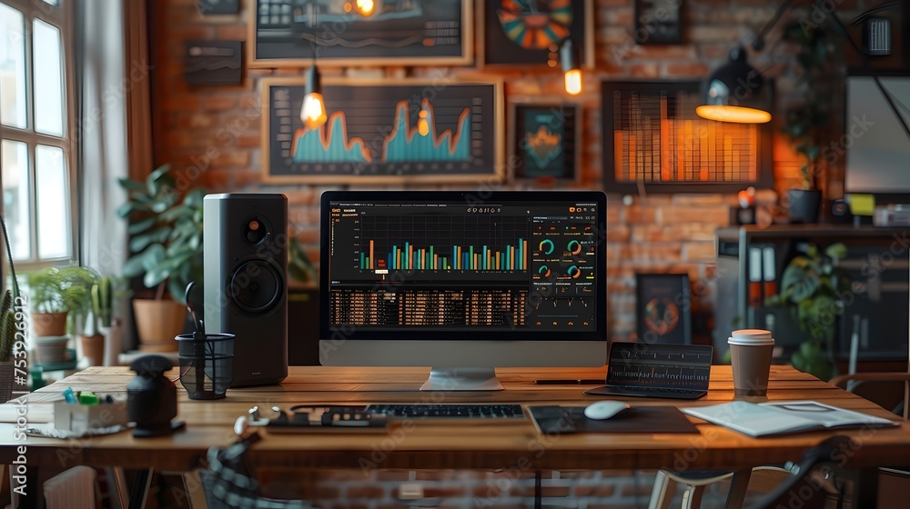 Modern Home Office with Financial Data Display, To convey a modern and productive workspace, ideal for financial analysis, business, and investment