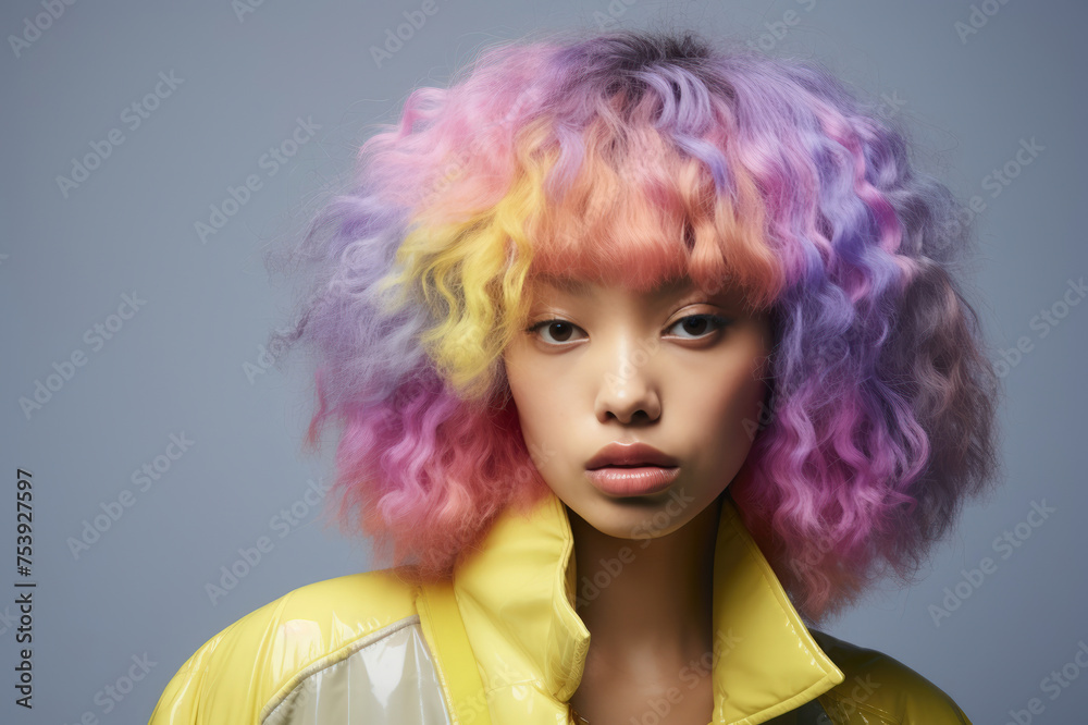 Fashion model with vibrant pastel curly hair and yellow jacket posing on a grey background.