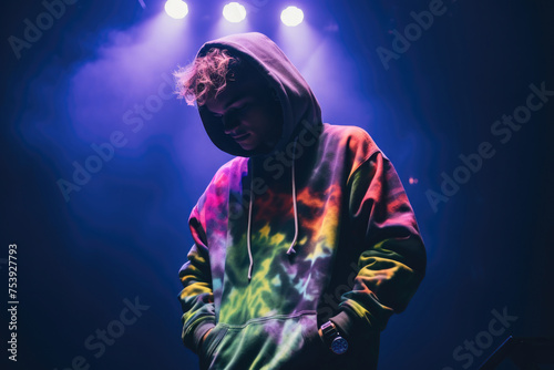 Figure in tie-dye hoodie looking down, backlit with purple and blue stage lights, creating a moody atmosphere with a subtle glow on the metallic watch.