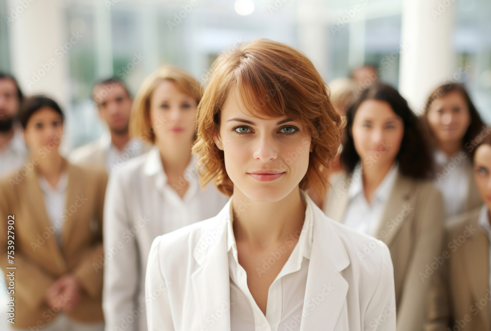 Focused woman with team blurred in the background, embodying leadership and collaboration in a corporate setting. Focused woman with team blurred in the background, embodying leadership and collaboration in a corporate setting.