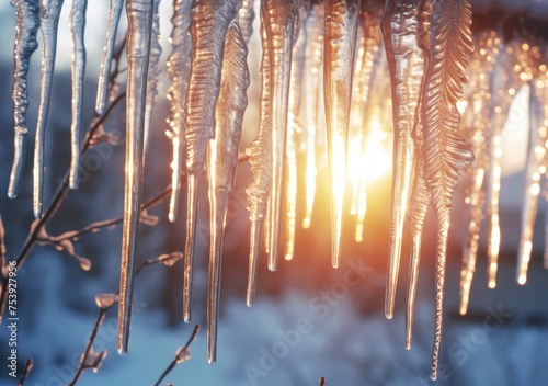 Sunlit Frost: Behold the delicate beauty of icicles glistening in the sunlight, resembling crystalline tears of winter.