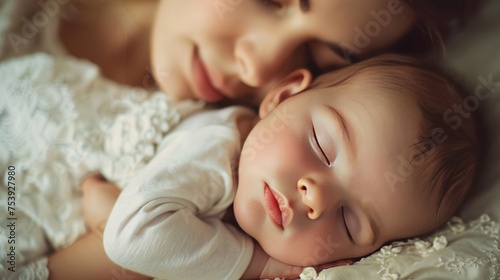 Portrait cute baby newborn sleeping hug her mother in bed. AI generated image