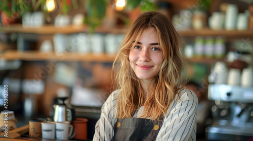 Portrait of a smiling female barista, waitress, or employee in a small bar, cafe or restaurant. Small business concept. photo