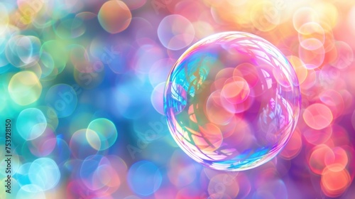 Transparent rainbow Iridescent soap bubble on multicolored blur background. AI generated image