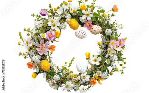 Festive Easter Egg Wreath Sprinkled with Cheerful Spring Blooms Isolated on Transparent Background PNG.