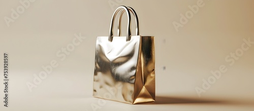 Gold Shopping Bag on Sleek Surface, Highlighting the luxury and elegance of the high-end shopping bag as a product shot for advertising or branding photo