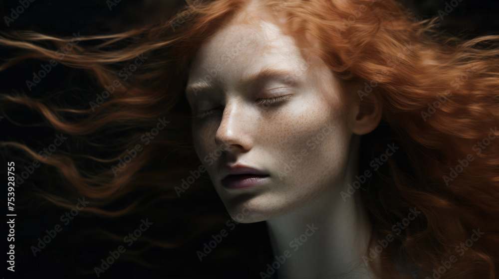 A dreamy portrait of a beautiful woman with red hair, pale skin and freckles. Her eyes are closed and her hair is wind-blown. A meditative expression.