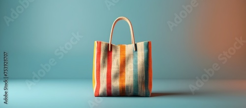 Striped Handbag on Blue Background in Vray Style, To be used as a visually appealing and modern handbag image for advertisements, websites, or other photo