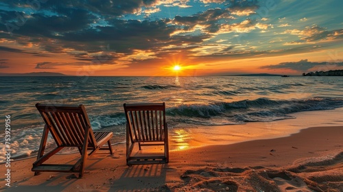 Two beach chairs on the beautiful evening sea coast landscape. AI generated image