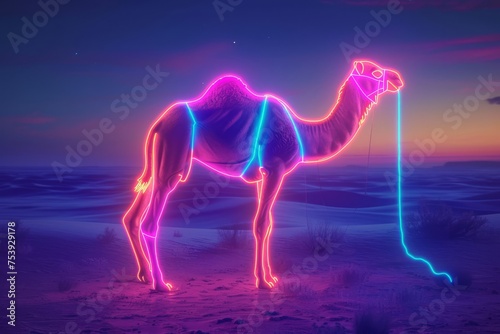Neon Camel Standing in the Middle of a Desert