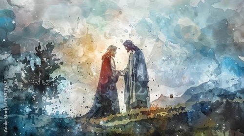 Jesus Meets His Mother On The Way To Calvary. Dgital Watercolor Painting photo