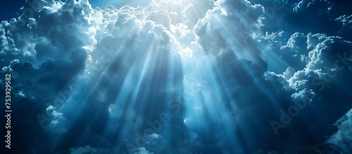 Divine Light Shines Through Clouds in Heaven, To convey a sense of spiritual upliftment, religious devotion, and the presence of Gods love and grace
