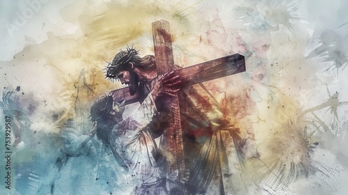 Jesus Takes Up His Cross. Digital Watercolor Painting Illustration photo