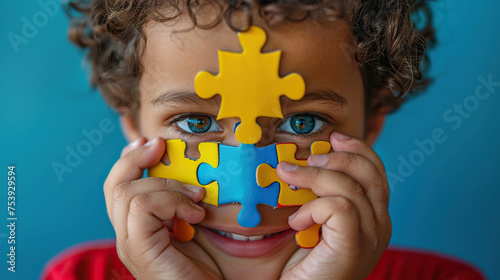 world autism awareness day, autism disorder awareness, a boy peeking through colorful puzzle,  child mental health concept, world autism awareness day photo