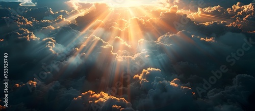 Sun Rays Shining Through Clouds in Heaven, To convey a sense of tranquility, wonder, and spiritual illumination in a natural setting, suitable for