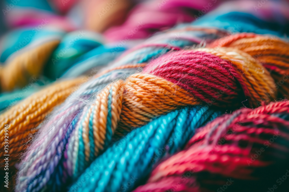 Cozy variety of colorful yarn for knitting and unfinished knitted work. The concept of hobby and comfort. Generative AI