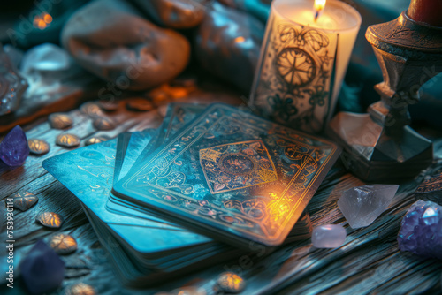 Crystals, candles and other divination tools next to the tarot cards. Generative AI