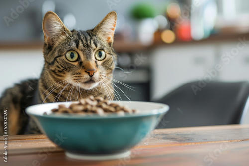 Beautiful fluffy cat sitting next to a food bowl. Cute domestic animal. Generative AI © barmaleeva