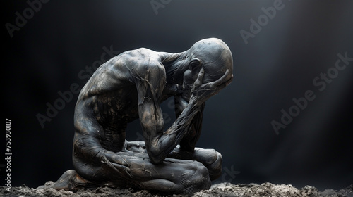 Statue en bronze d'un homme replié sur lui-même et fondant en larme : santé mentale, psychiatrie et dépression photo