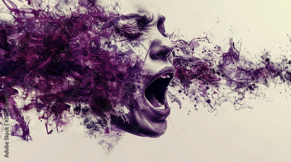 Visage de femme hurlant sa douleur et sa souffrance, violet sur fond blanc
