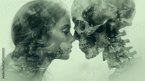 Tableau de l'anorexie : visage de femme maigre embrassant un crâne humain, peur de manger et idées de mort, mélancolie et danger imminent
