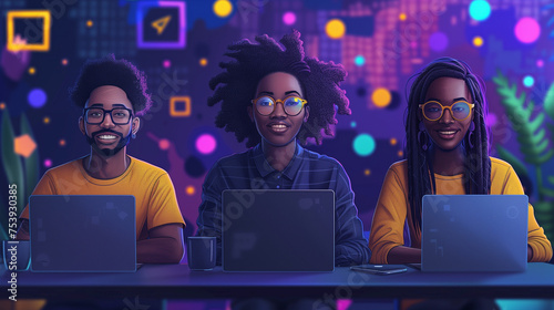 Illustration de trois développeurs devant leur ordinateur, diversité en entreprise et inclusion, travailleur du numérique, freelance ou entrepreneur indépendant