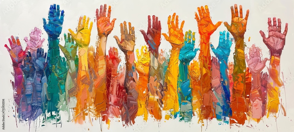 A cascade of raised hands. Concept of volunteer and humanitarian assistance, charity, friendship, togetherness, support, teamwork, solidarity. Plain background. Oil painting style.