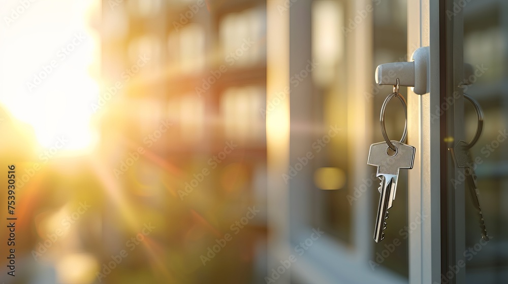 Keys dangling in door of office building. Concept of commercial real estate, business property, and workplace security. Banner with copy space Keys dangling in door of office building. Concept of commercial real estate, business property, and workplace security. Banner with copy space