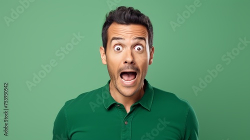 Man with shocked expression, open mouth, wide eyes, against green background. Concept of astonishment, surprise reaction, unexpected events, and unexpected news. Wide banner © Jafree