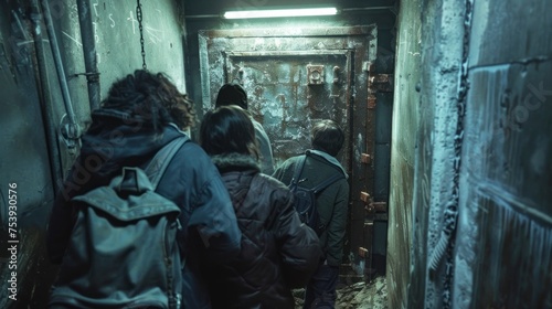 PEOPLE WITH BACKPACKS walking at the entrance of a bunker