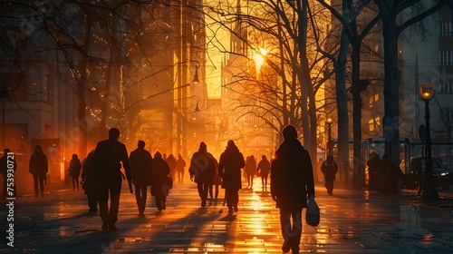 Winter Cityscape People Walking During Golden Hour, To convey the beauty and essence of urban life in winter, highlighting the movement of people and © Sittichok