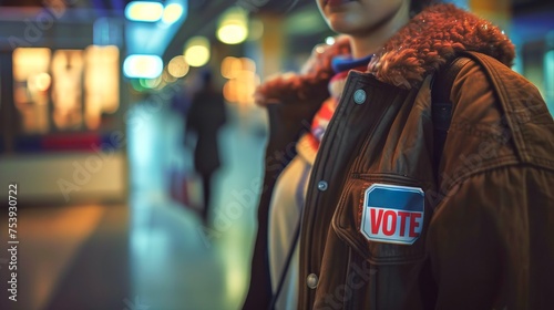 Woman with VOTE badge on her jacket at a polling station. Concept of election day, voting awareness, elections, democratic process, civic duty, voter turnout, and national pride