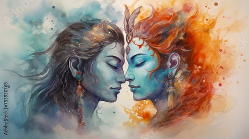 Vivid watercolor illustration of Shiva and Shakti in a tender, face-to-face embrace, blending mythology with art. Concept of divine union, spiritual balance, and cosmic harmony. Couple in love photo