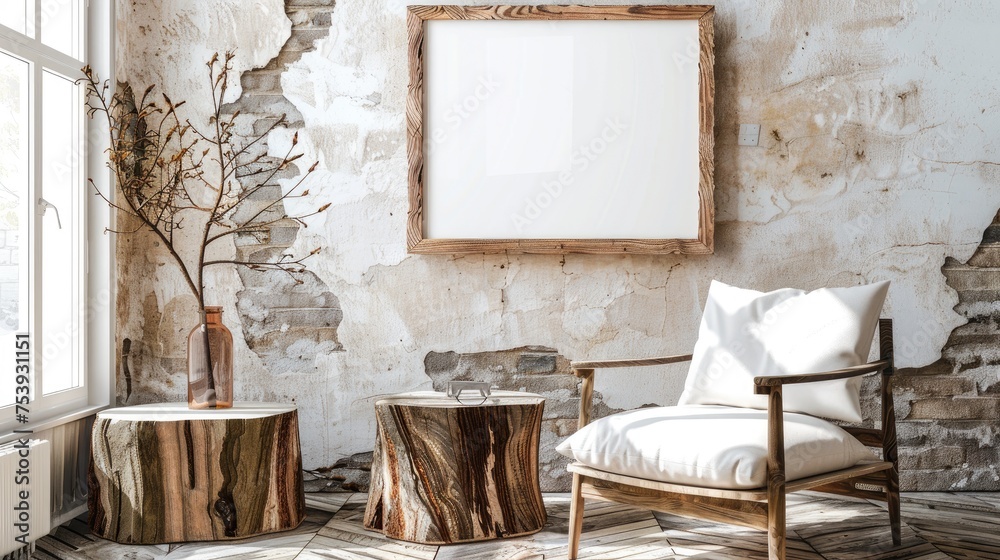 Lounge Chair And Wood Stump Side Table With Empty Blank Mock Up Frame, Rustic Minimalist Home Interior
