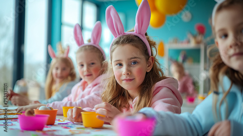 cute kids in bunny ears preparing to Easter in school or kindergarten