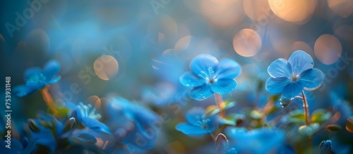 Shimmering Blue Flowers with Bokeh Background, To provide a high-quality, visually appealing image for commercial use, such as stock images, product © Sittichok