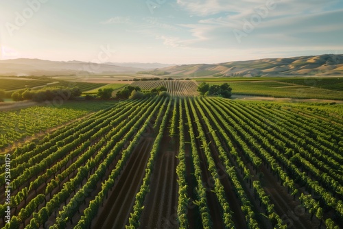 A serene view of sun-kissed vineyards sprawling across rolling hills. © Peeradontax