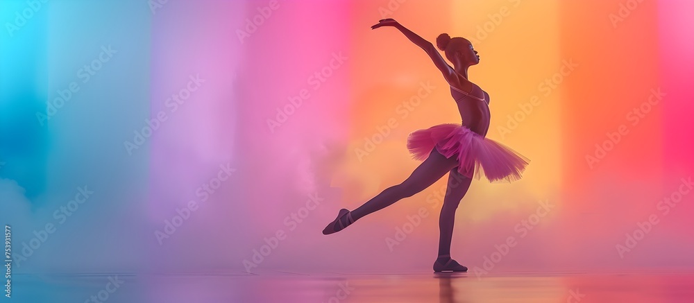 Graceful Ballerina Performing on Stage with Vibrant Colors, To showcase the beauty and grace of ballet, this photograph would make a perfect addition