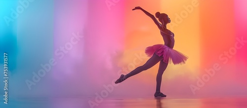 Graceful Ballerina Performing on Stage with Vibrant Colors, To showcase the beauty and grace of ballet, this photograph would make a perfect addition
