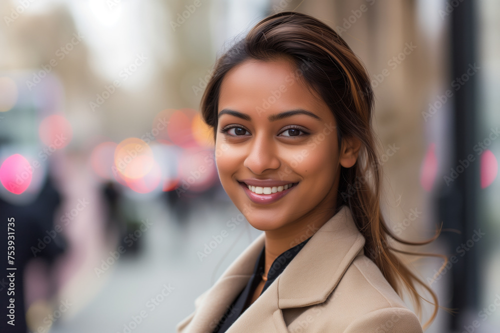 Close-up of a smiling Indian woman in a beige coat, city lights creating a bokeh effect in the background, conveying warmth and urban elegance.