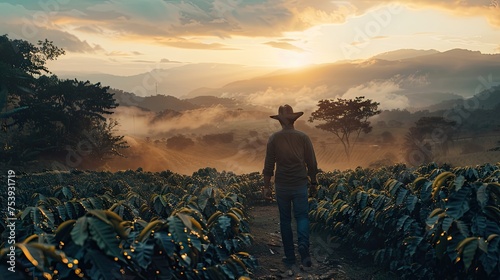 Man With Hat Walking Through A Coffee Field At Sunrise #753931719