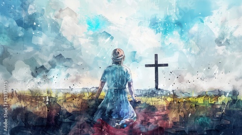 Mary Kneeling And Looking At The Cross In The Sky. Digital Watercolor Painting