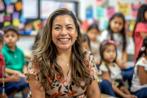 A joyful Hispanic teacher with a beaming smile in a vibrant classroom setting  surrounded by her attentive elementary students.