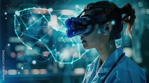 Wallpaper Mural Medical Professional Using Ai-Integrated Virtual Reality. A Female Medical Professional Engaged With Virtual Reality Equipment, Fusion Of Ai And Immersive Technology In Futuristic Healthcare Torontodigital.ca