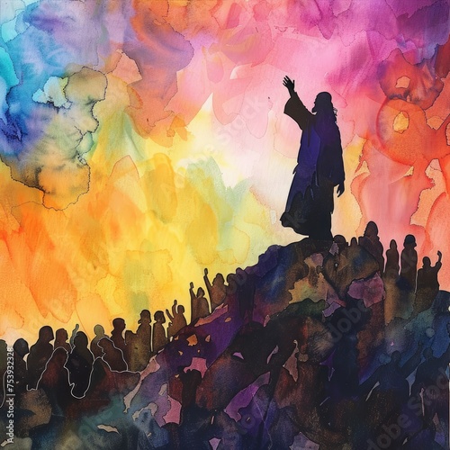 Ministry Of Jesus. Silhouette Of Jesus Standing On Top Of A Mountain And Preaching To The Crowd. Watercolor Painting